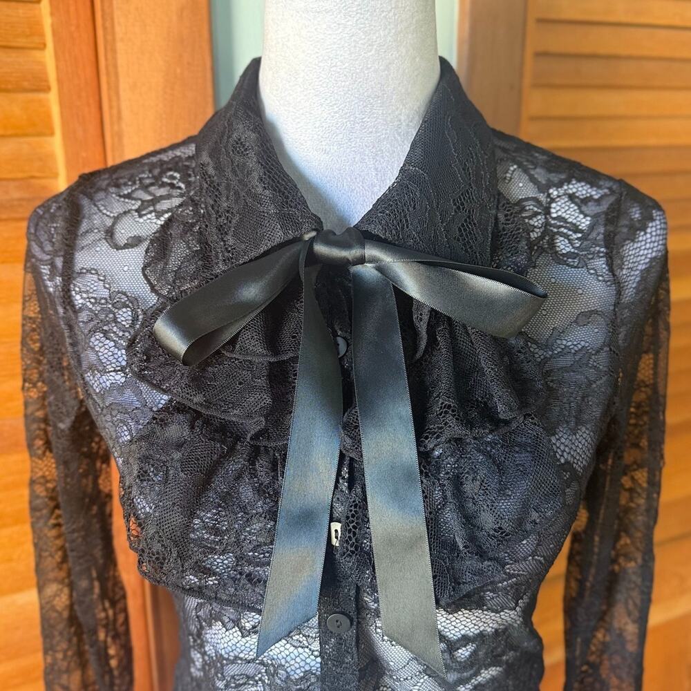 Dolls Kill Gothic Victorian Vampire Vkei Black Lace Jabot Ribbon Bow Top L - Picture 3 of 8